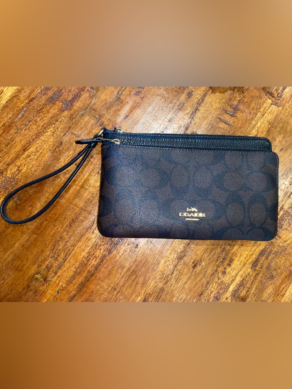 Coach Double Zip Signature Wristlet in Dark Brown and Black